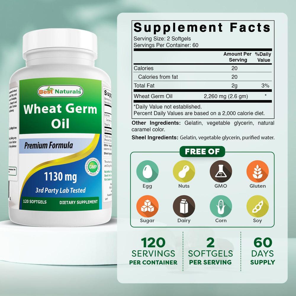 Close-up of Wheat Germ Oil softgels - 1130 mg each