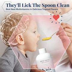 Pouring the tropical-flavored liquid multivitamin for kids