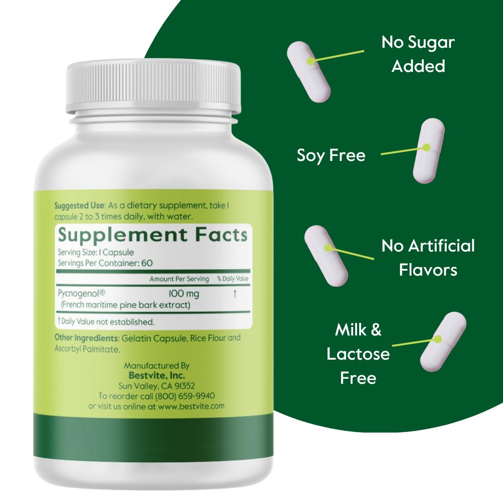 Pycnogenol ingredient panel showing 100 mg per capsule