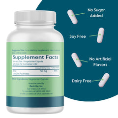 Supplement facts showing 50 mg zinc per capsule