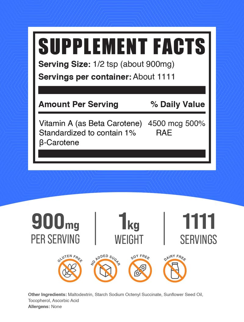 Close-up of the Beta Carotene powder label with ingredients.