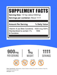 Close-up of the Beta Carotene powder label with ingredients.