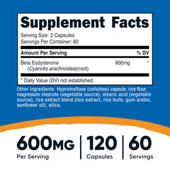 Beta Ecdysterone 600mg per serving label on Nutricost bottle
