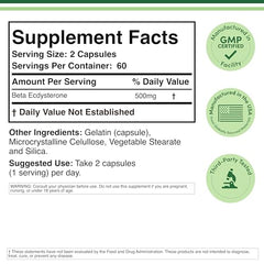 Bottle of Beta Ecdysterone 120 capsules (60 servings) 500 mg per serving