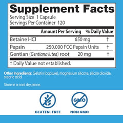 Close-up image showing Betaine HCl, Pepsin and Gentian Bitters ingredients