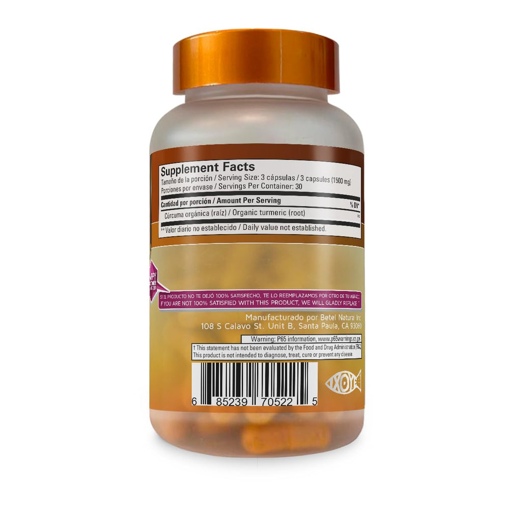 Close-up of Betel Natural Turmeric Capsules showing 1500 mg per serving
