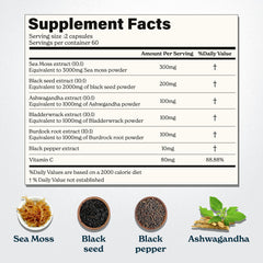 Close-up of Better Alt Seamoss Capsules bottle label highlighting key ingredients