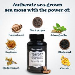 Serving size and ingredients info on Better Alt Seamoss Capsules label