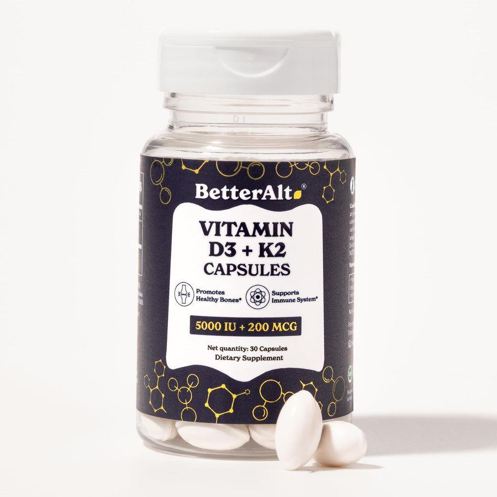 Front view of Better Alt Vitamin D3 + K2 Capsules bottle