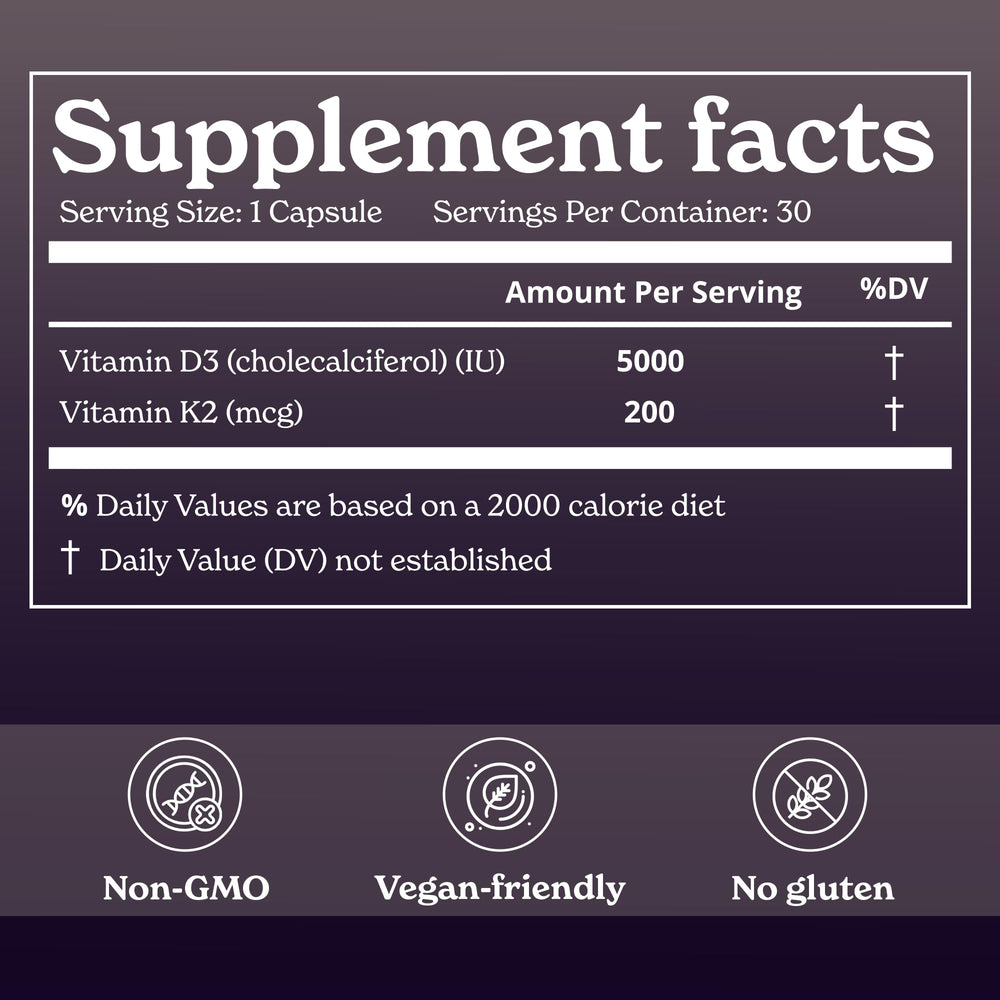 Close-up of label showing 5000 IU Vitamin D3 and 200 mcg Vitamin K2