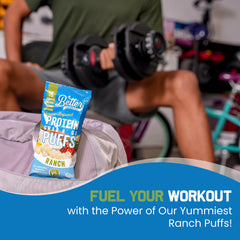Better Than Good Snacks Keto Ranch Puffs 16g protein per serving offers satisfying nutrition.