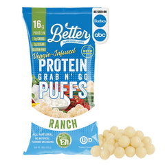 Better Than Good Snacks Keto Ranch Puffs pack shot for protein-rich on-the-go snack.