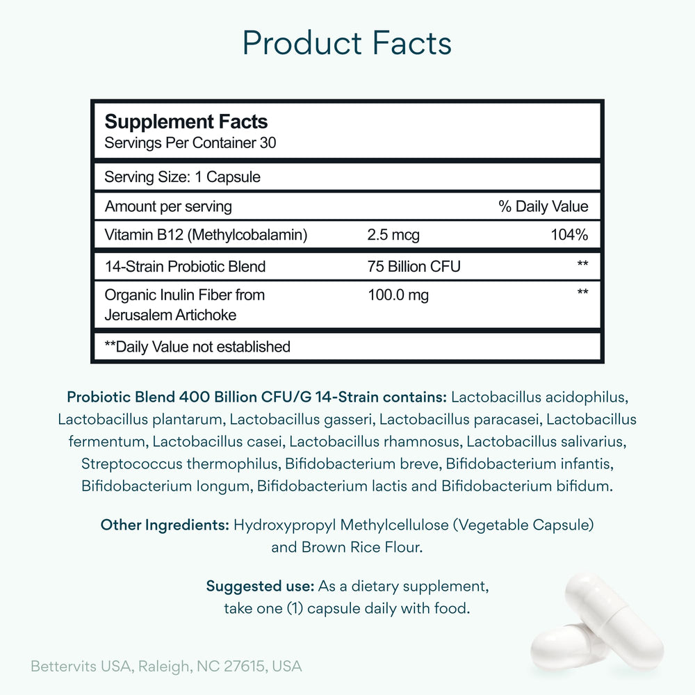 Label image showing probiotic ingredients including Lactobacillus and Bifidobacterium with vitamin B12