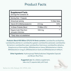 Label image showing probiotic ingredients including Lactobacillus and Bifidobacterium with vitamin B12