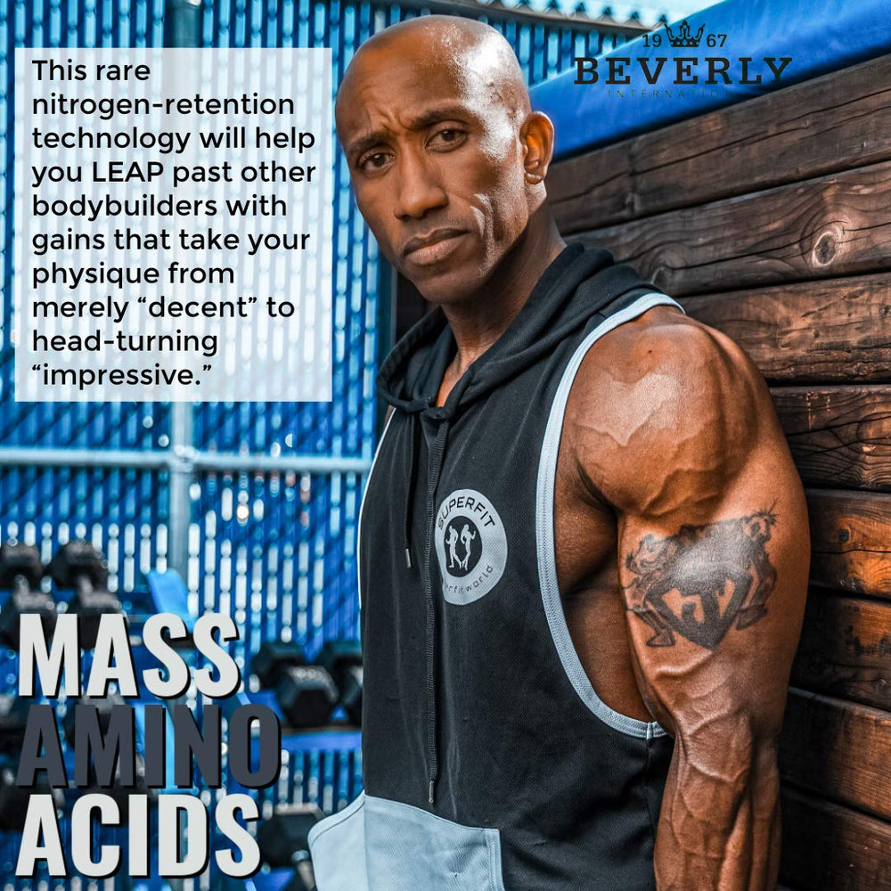 Gym scene with Mass Amino Acids product on display