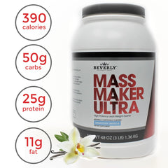 Ingredients list including coconut and MCT fats in Mass Maker Ultra Vanilla