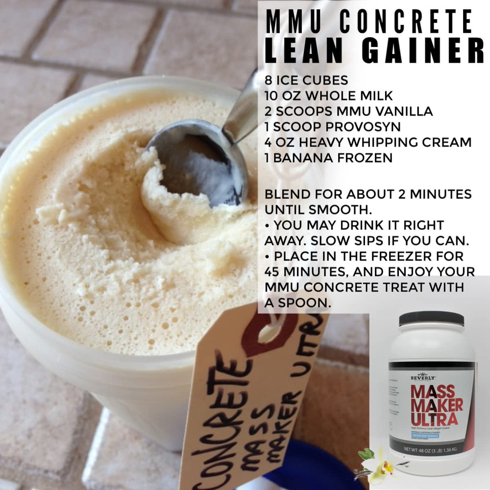 Serving suggestion of Mass Maker Ultra Vanilla shake on kitchen counter