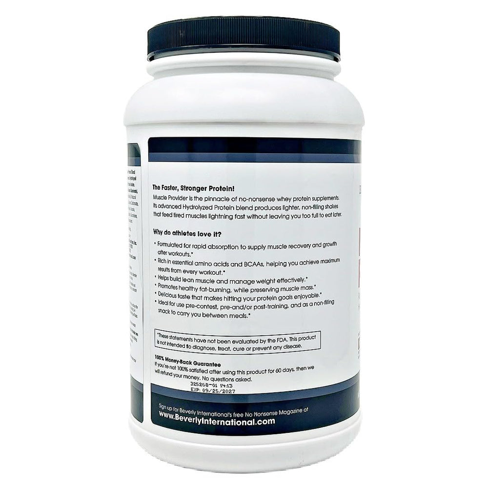 Beverly International Muscle Provider-ingredients-panel reveals WPI and WPH for fast absorption.