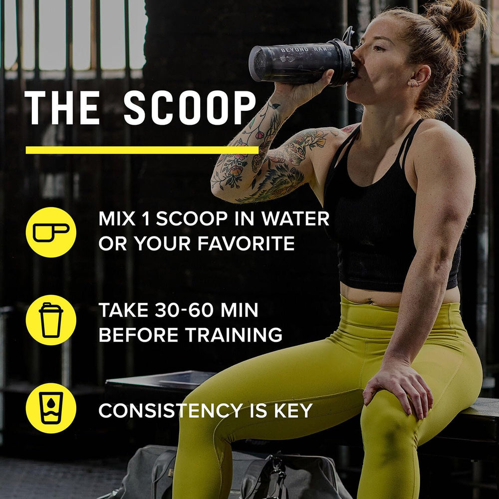 Beyond Raw Chemistry Labs HMB powder on a clean scene with bag and scoop