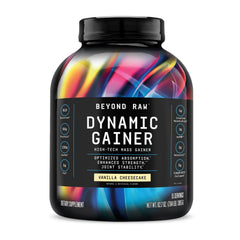 BEYOND RAW Dynamic Gainer Vanilla Cheesecake tub label