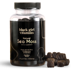 Bottle of Black Girl Vitamins Sea Moss Gummies with Irish Sea Moss on white background