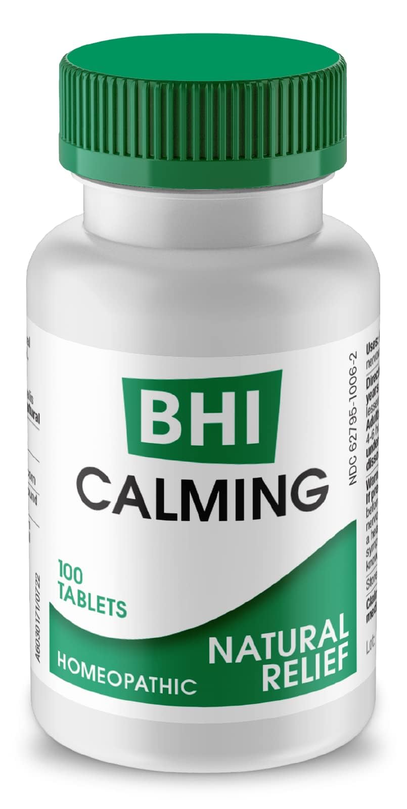 Front view of BHI Calming Stress Relief Blend bottle with label and 100 tablets