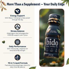 Close-up of Bido bottle label highlighting adaptogenic ingredients