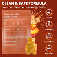 Pack shot showing 90 peach-flavored gummies in Big Bear Bites container