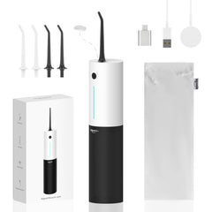 Box contents: flosser, tips, charger, bag