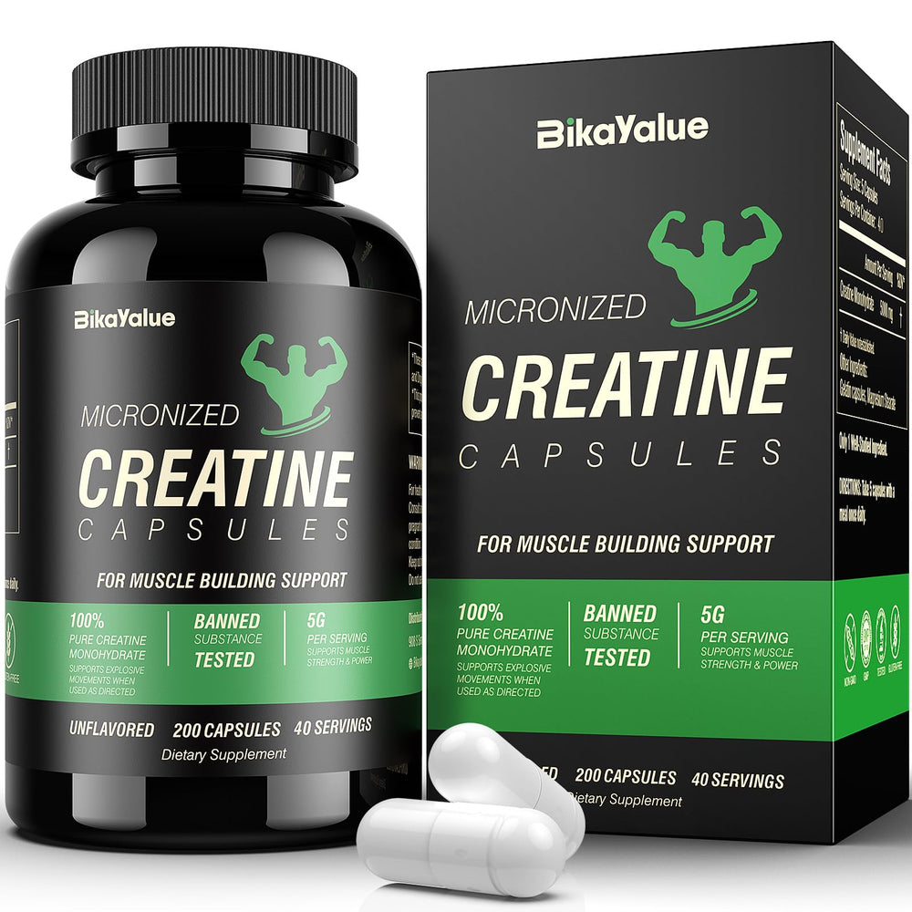 BIKAYALUE Creatine Monohydrate bottle displaying 5000mg per serving and 40 servings