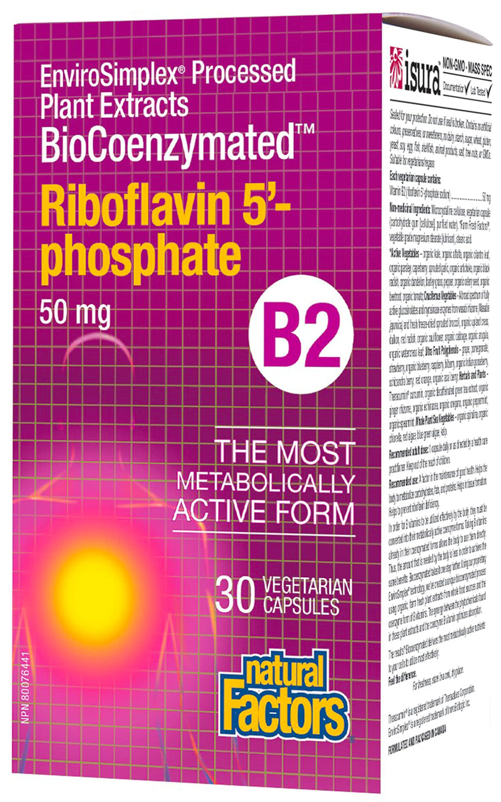 Front view of BioCoenzymated Riboflavin-5'-Phosphate 50mg Natural Factors 30 VegCaps bottle