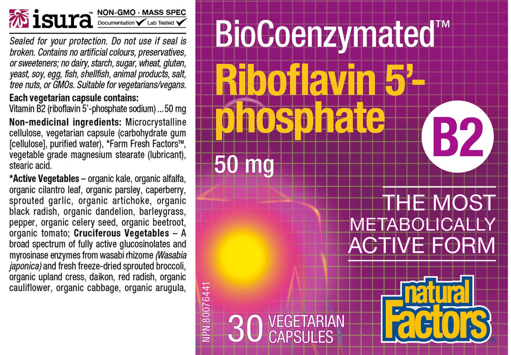Close-up of Natural Factors label for BioCoenzymated Riboflavin-5'-Phosphate 50mg