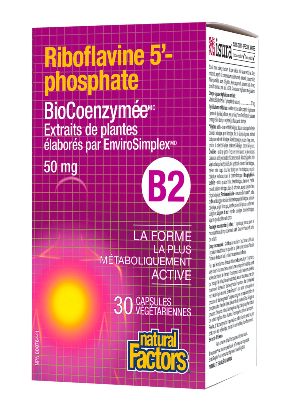 Bottle containing BioCoenzymated Riboflavin-5'-Phosphate 50mg VegCaps