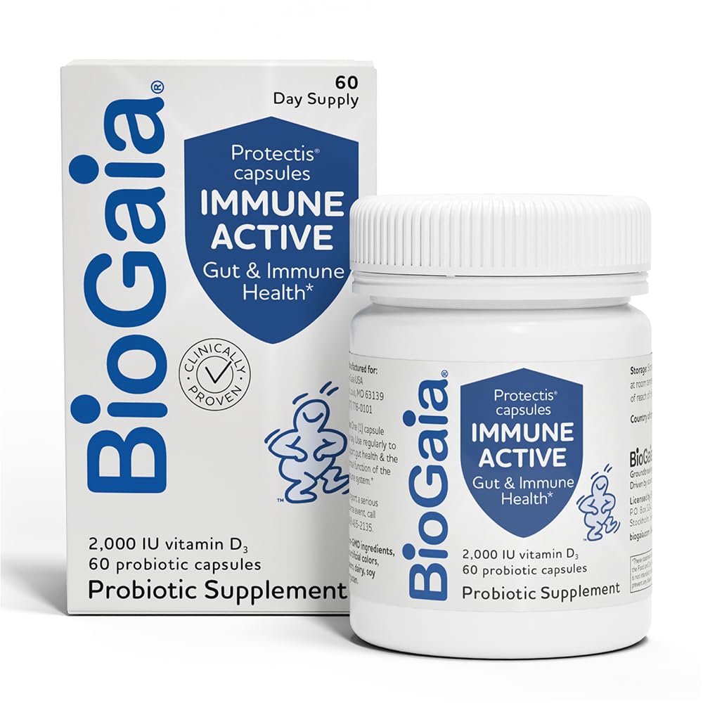 BioGaia Immune Active bottle and capsules on white background
