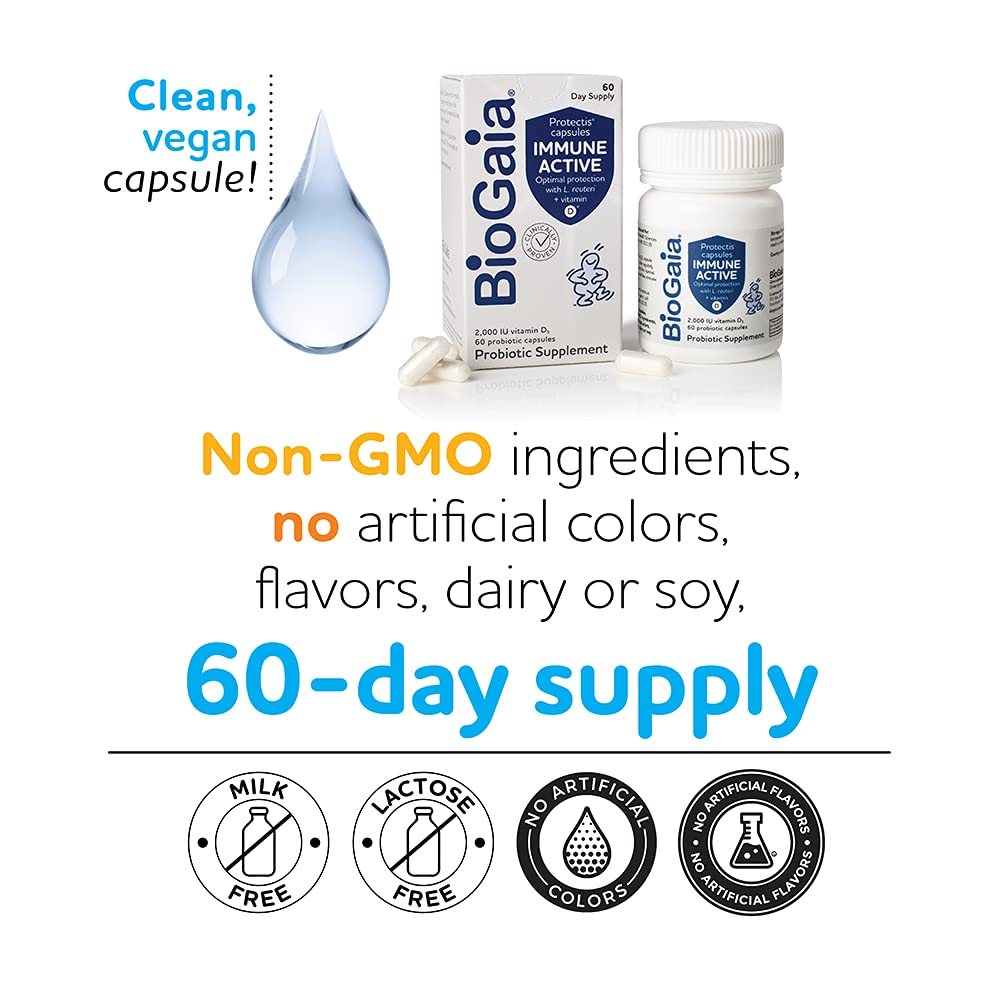 BioGaia Immune Active bottle beside a glass of water