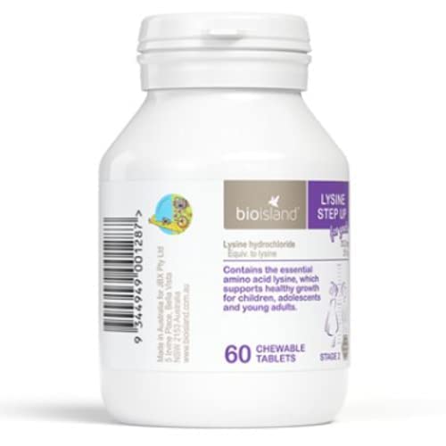 Close-up of Lysine Step Up for Youth chewable tablets in bottle