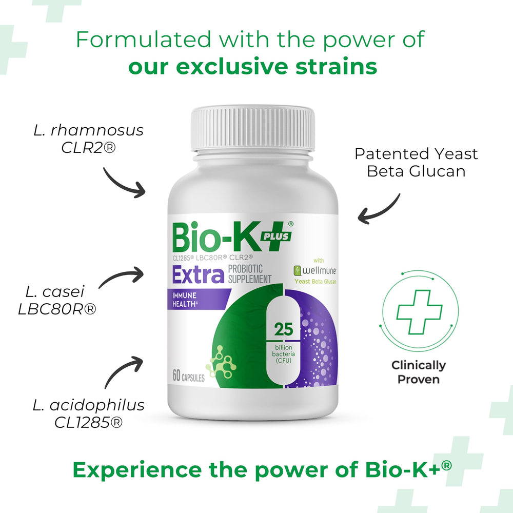Close-up of Bio-K+ capsules illustrating 25B CFU per two capsules