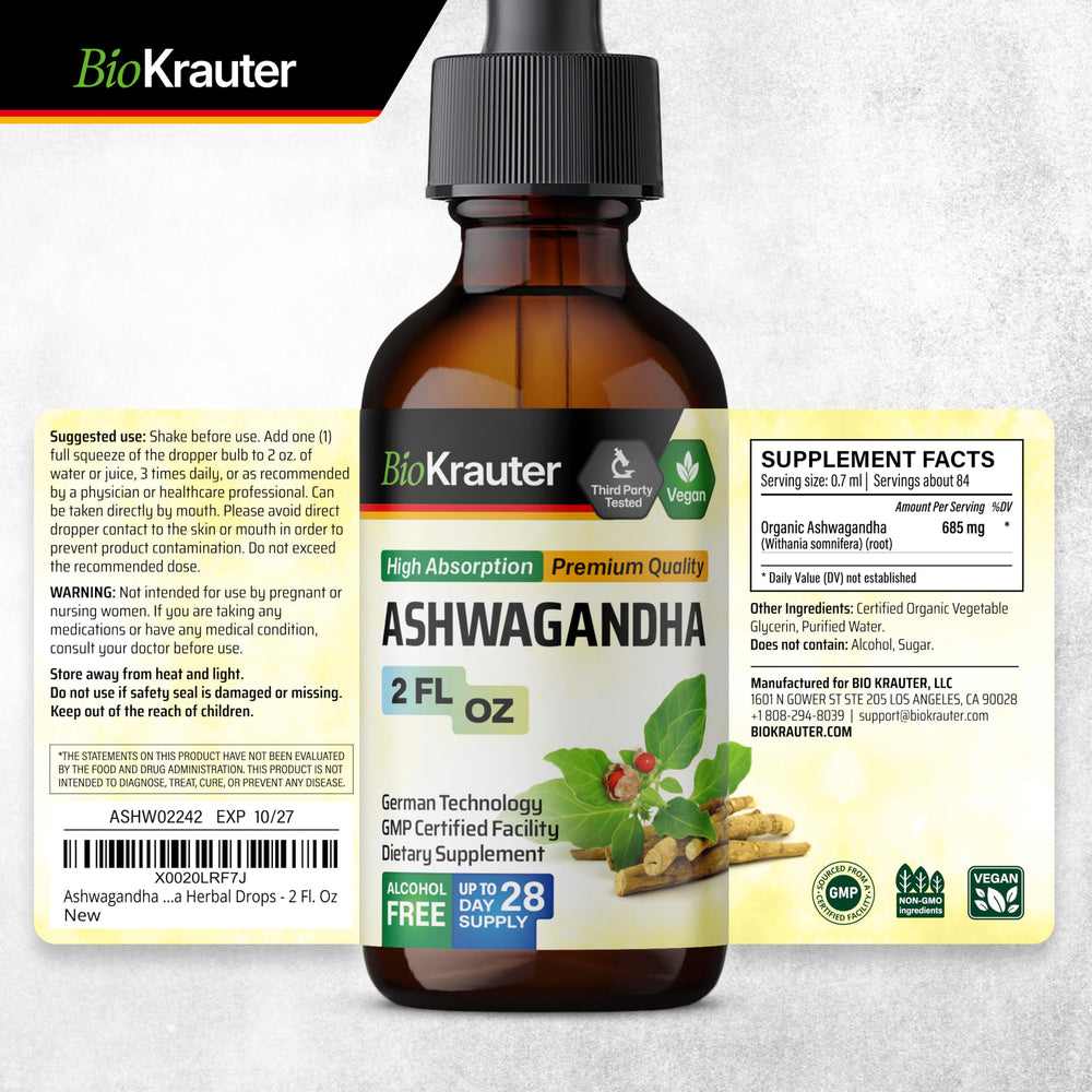 Packaging of Bio Krauter Ashwagandha Drops 2 fl oz