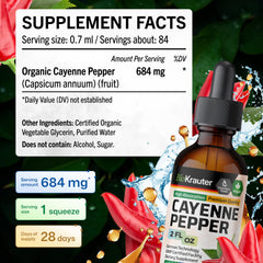 Two-ounce bottle of cayenne pepper drops with packaging on white background