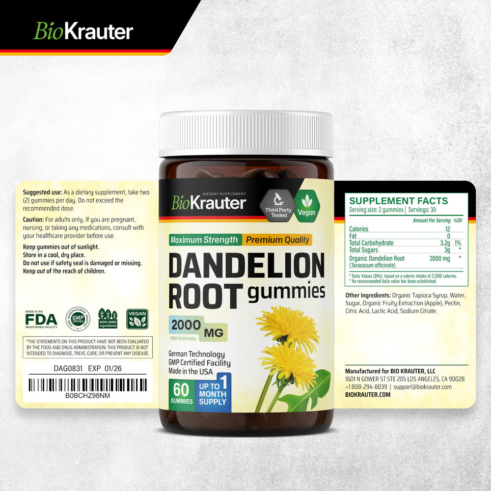 BIO KRAUTER Dandelion Root Gummies label with USA heritage and wholesome herbs