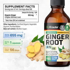 Vegan, alcohol-free ginger supplement label on bottle