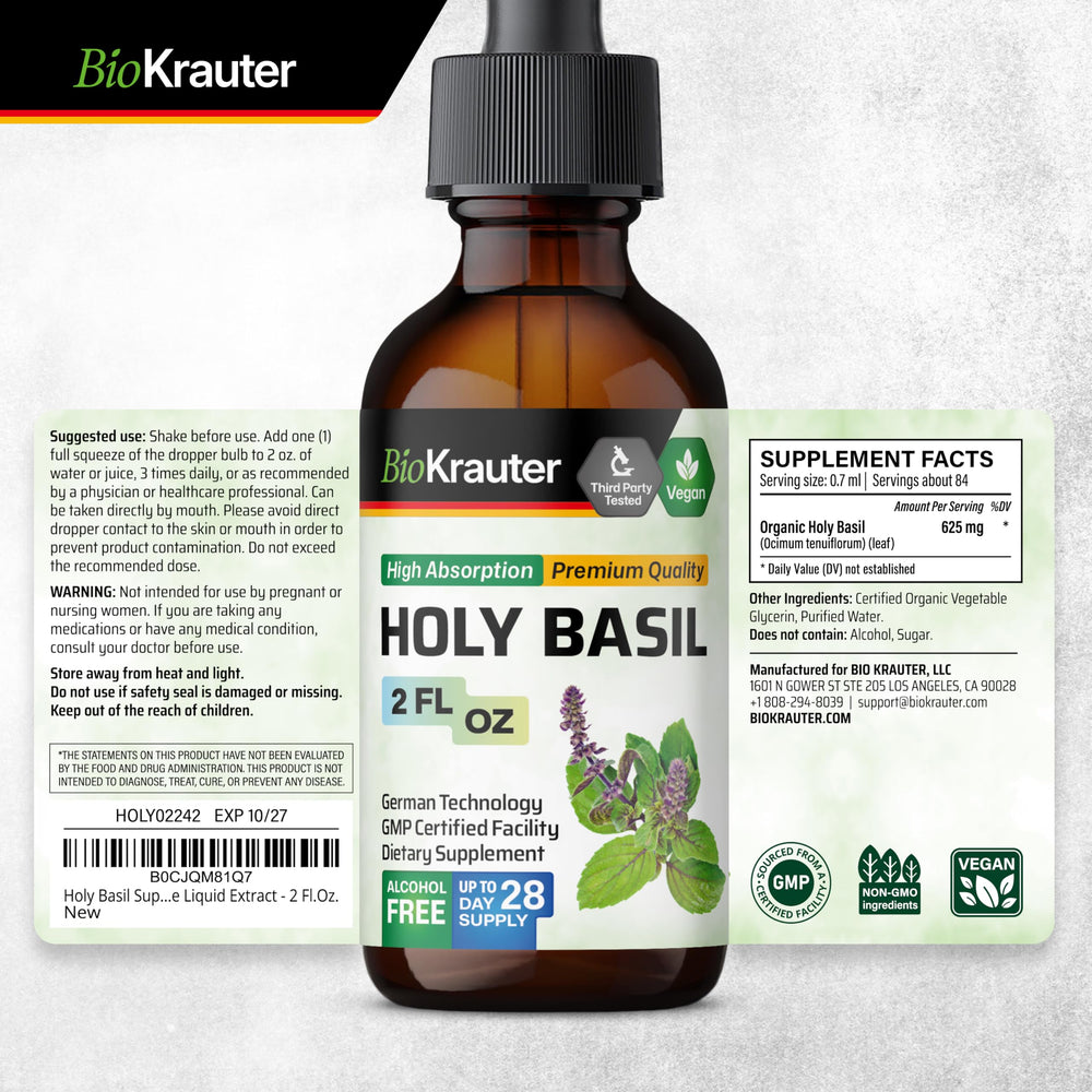 BIO KRAUTER Holy Basil Tincture bottle with dropper and packaging