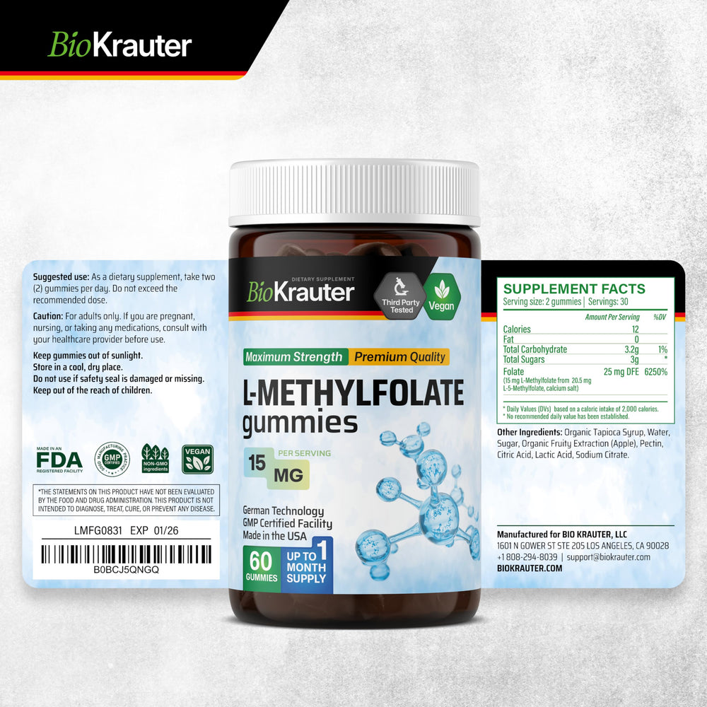 Folate (Vitamin B9) gummy supplement label and nutrition information
