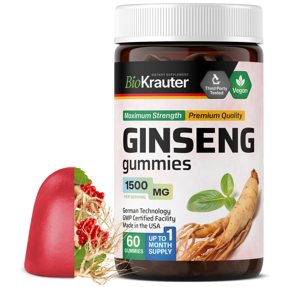 Front view of BIO KRAUTER Panax Ginseng Gummies bottle showing 60 gummies