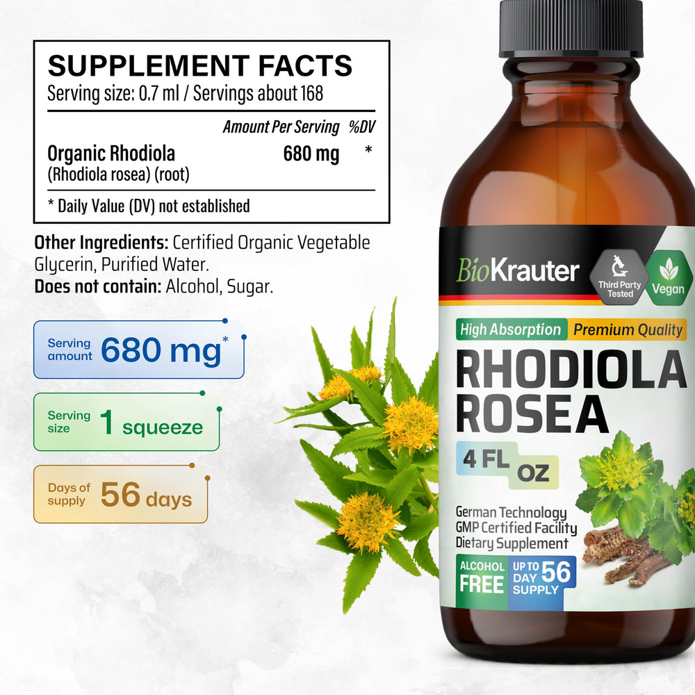 Close-up of Rhodiola Rosea tincture label