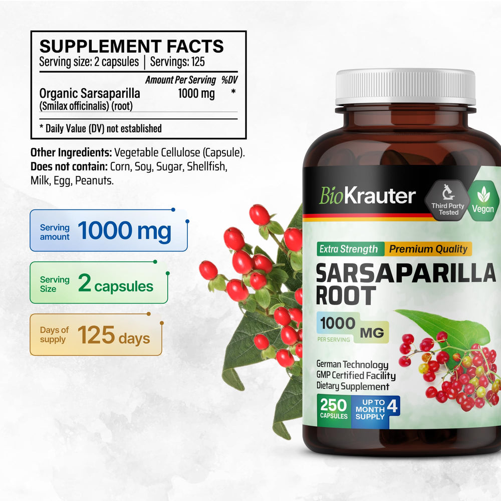 BIO KRAUTER Sarsaparilla 250-capsule pack for a 125-day wellness routine