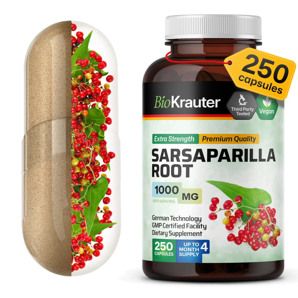 BIO KRAUTER Sarsaparilla Root Capsules bottle showing 1000 mg strength for detox support