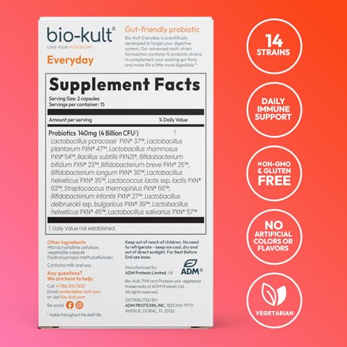 Close-up of the Bio-Kult label highlighting 14 strains and 2 billion CFU per capsule