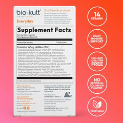 Close-up of the Bio-Kult label highlighting 14 strains and 2 billion CFU per capsule