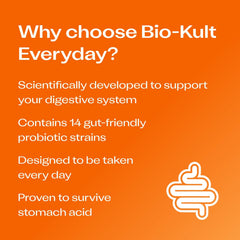 Bio-Kult bottle with packaging showing shelf-stable design and 14 strains